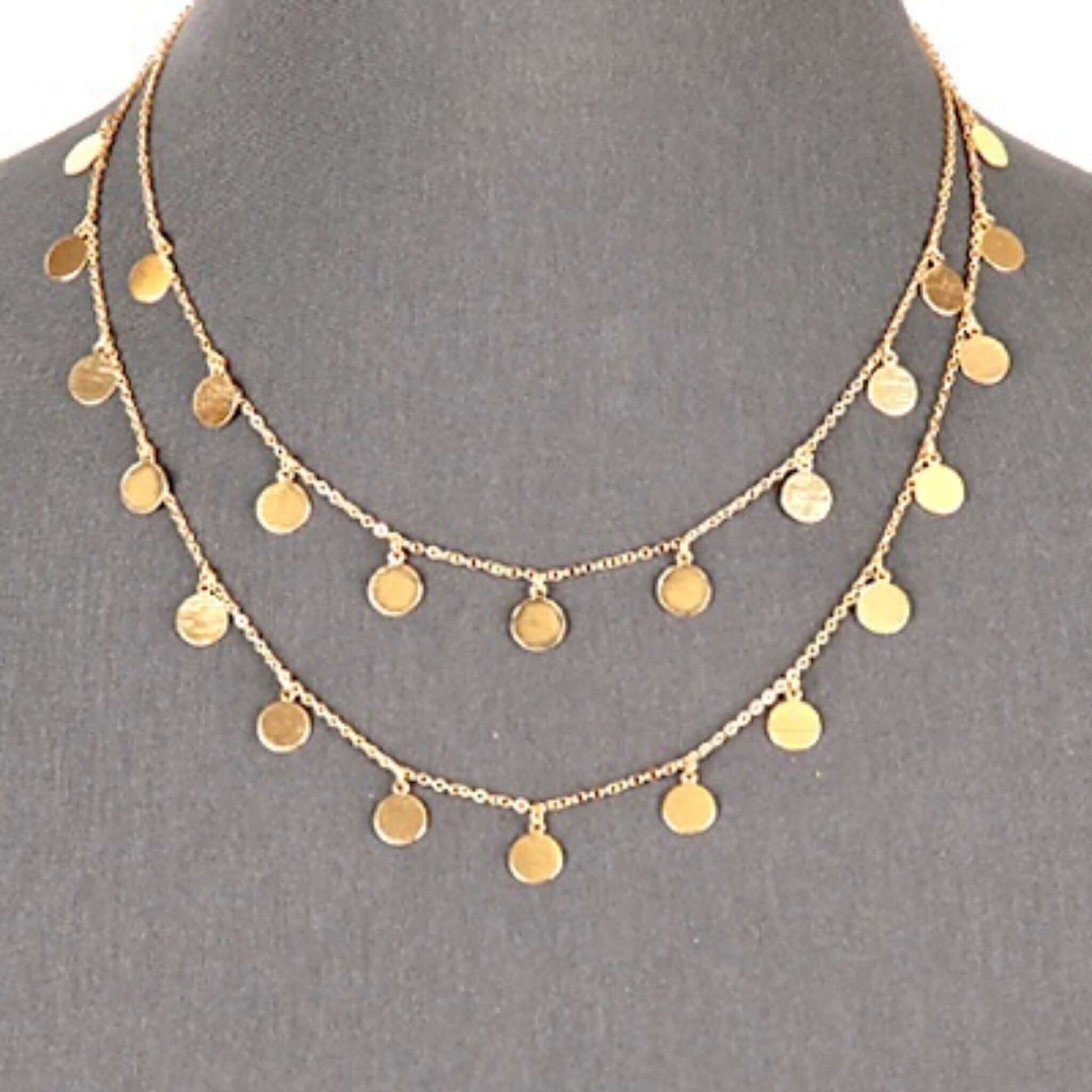Layered Double Chain Gold Disc Necklace - Costume Jewelry