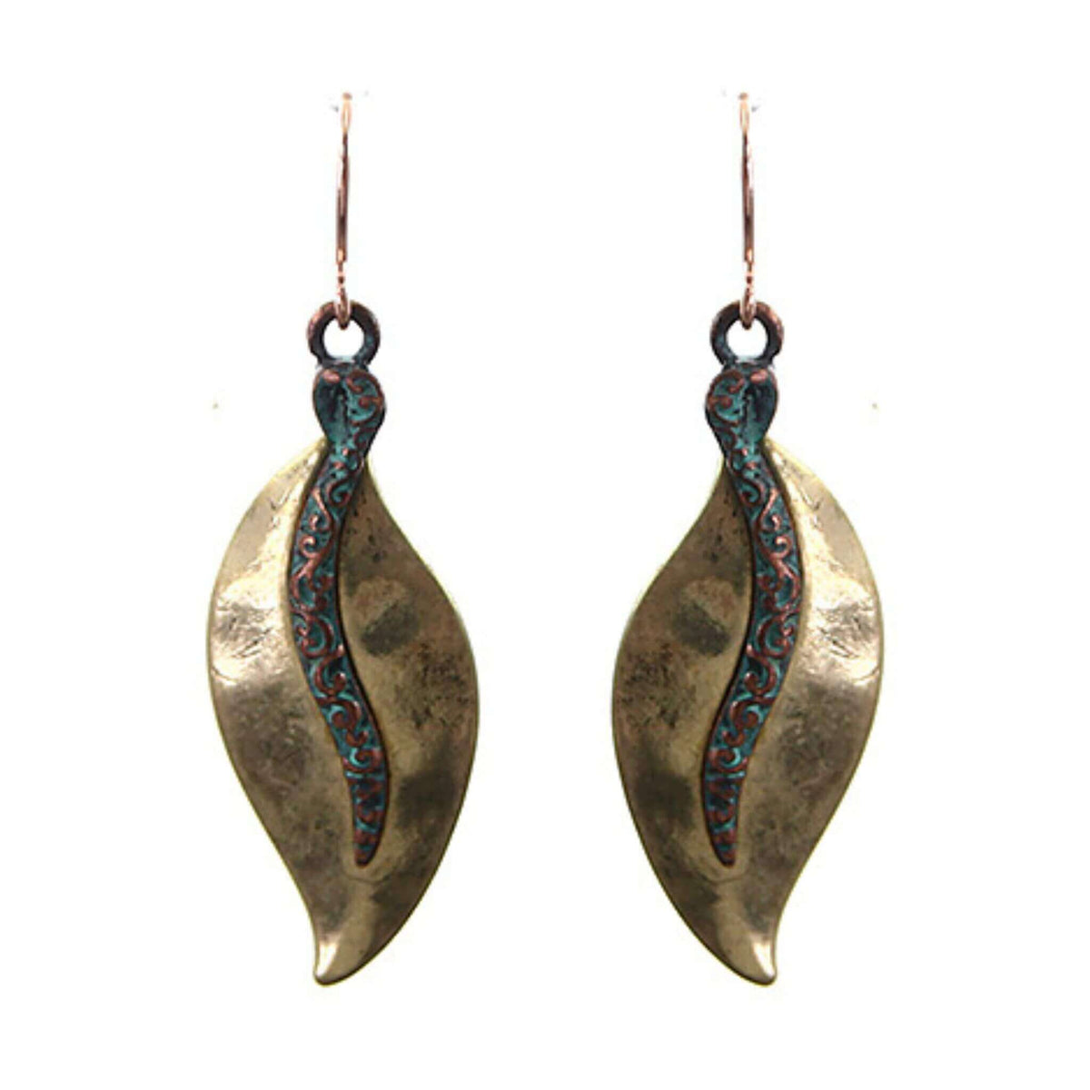 Gold Leaf Earrings With Patina Filigree Design