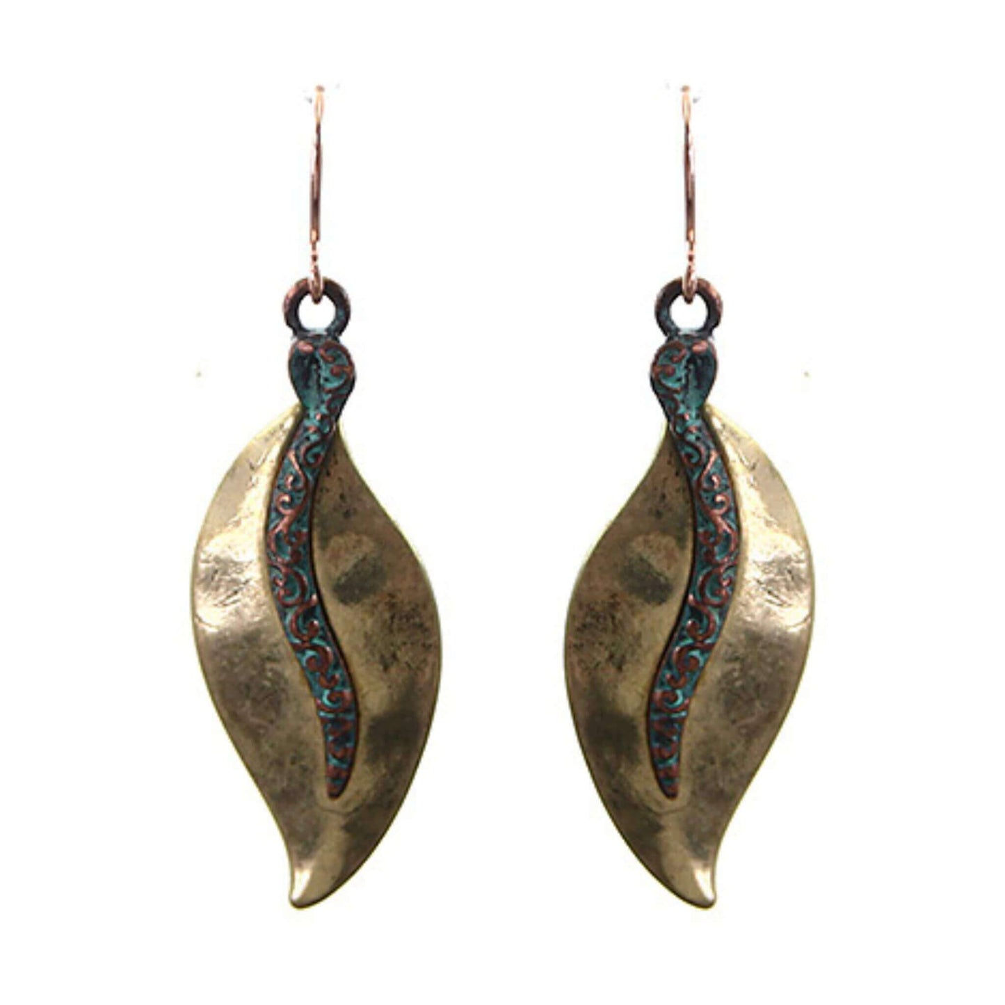 Gold Leaf Earrings With Patina Filigree Design