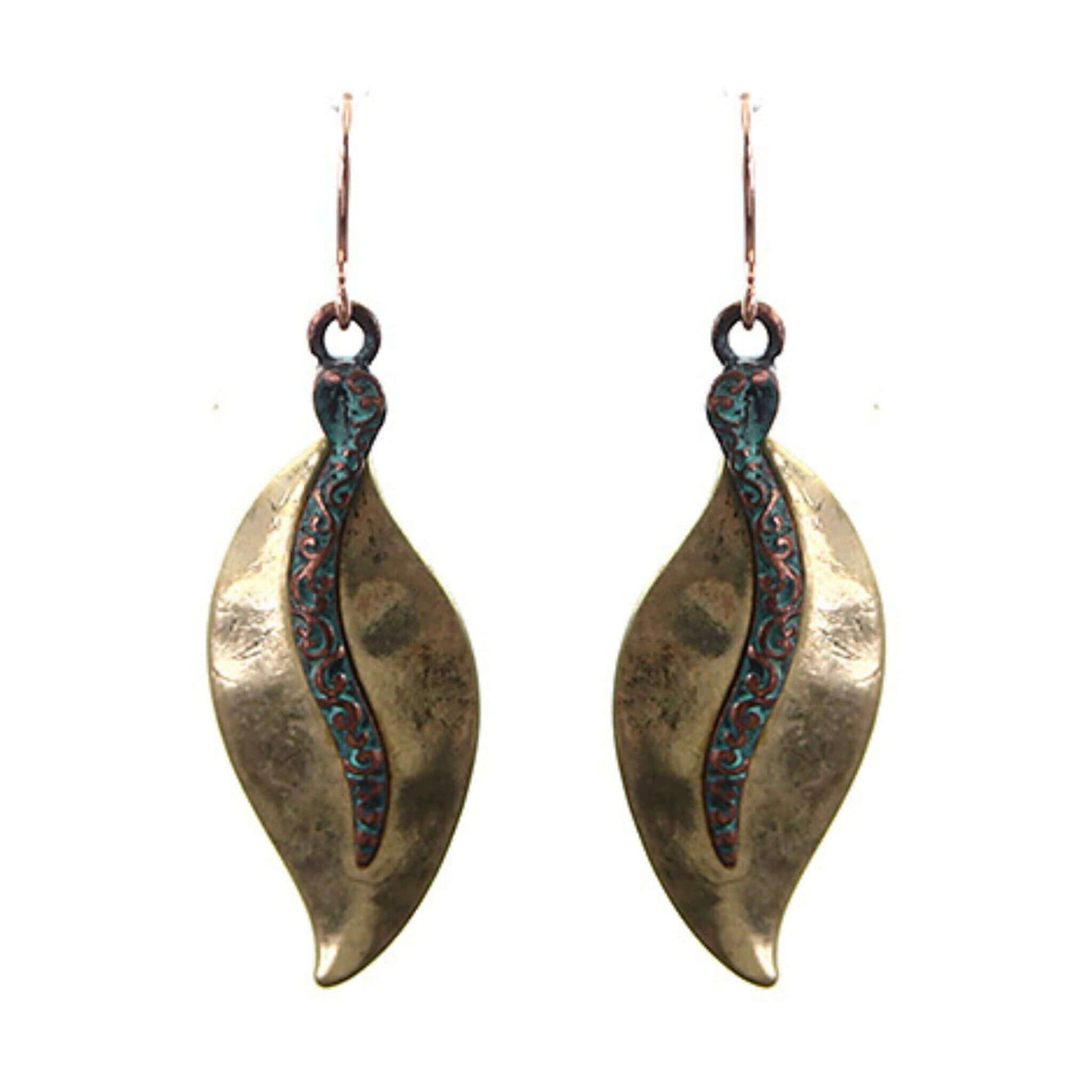 Gold Leaf Earrings With Patina Filigree Design
