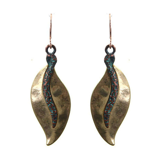 Gold Leaf Earrings With Patina Filigree Design