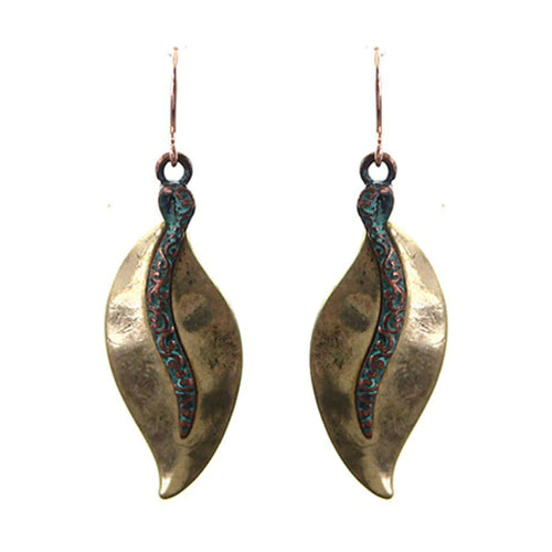 Gold Leaf Earrings With Patina Filigree Design