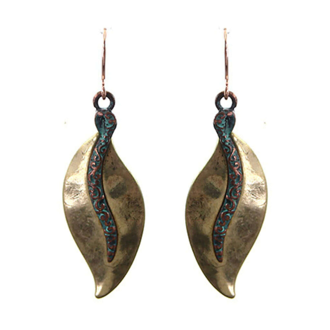 Gold Leaf Earrings With Patina Filigree Design