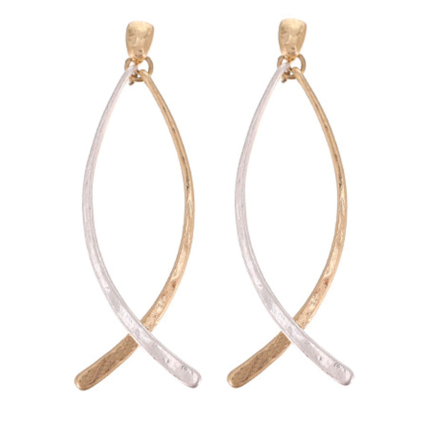 Worn Gold & Silver Hammered Double Curved Bar Earrings