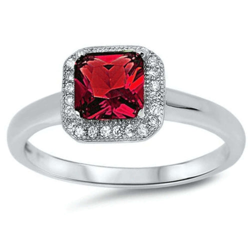 Halo Cushion Cut Cubic Zirconia Ruby Ring In Sterling Silver