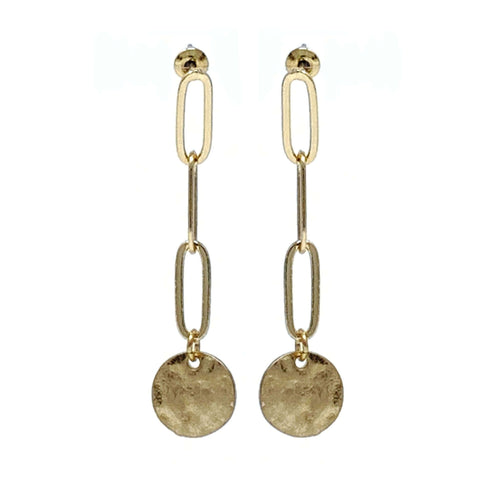 Gold Chain Link Earrings With Hammered Disc