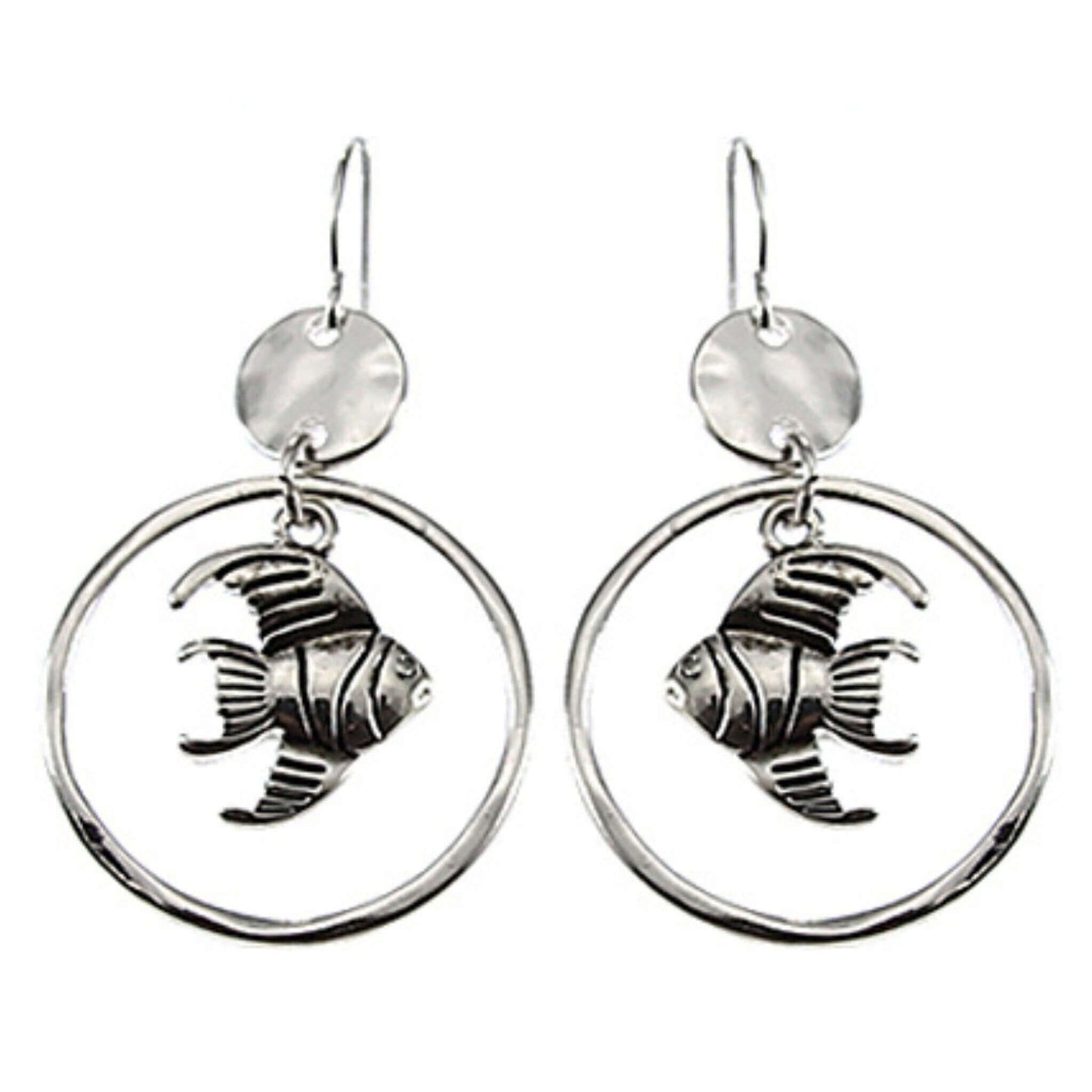 Hammered Silver Dangle Hoop Fish Earrings