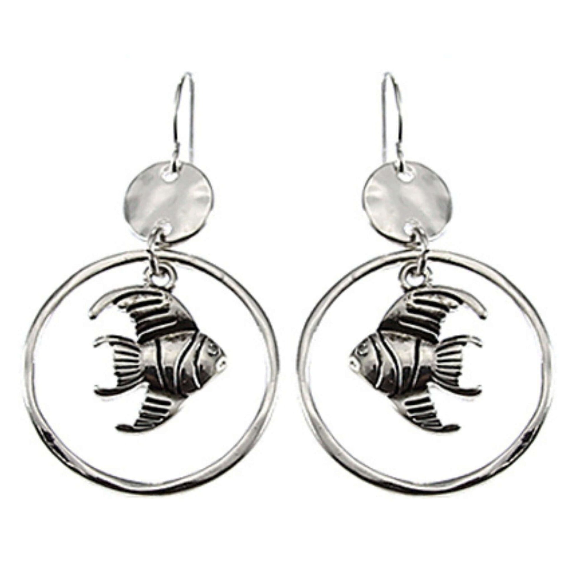 Hammered Silver Dangle Hoop Fish Earrings