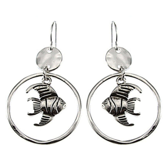 Hammered Silver Dangle Hoop Fish Earrings