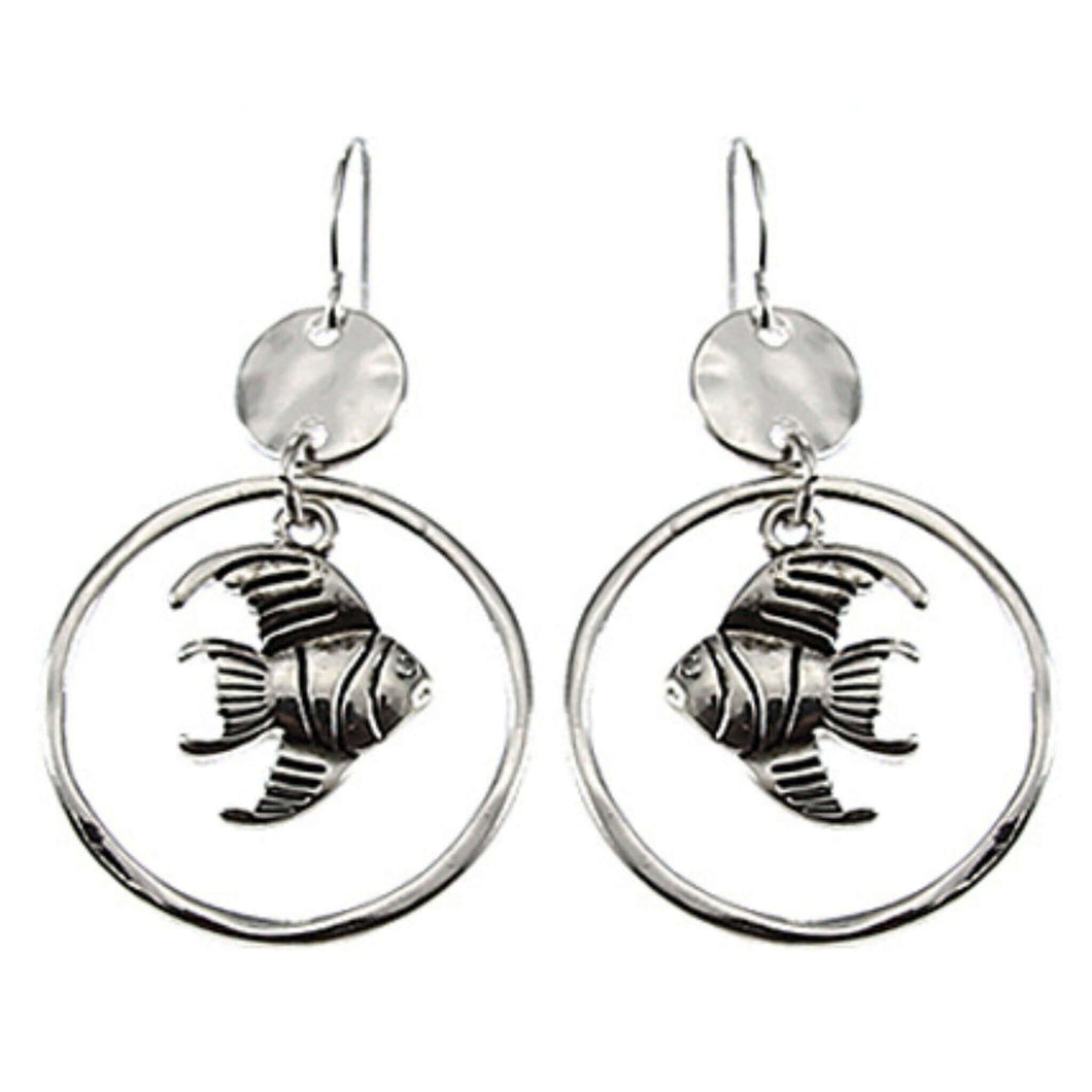 Hammered Silver Dangle Hoop Fish Earrings