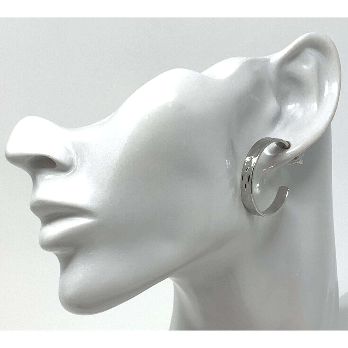 Hammered Silver Hoop Earrings Wide Flat