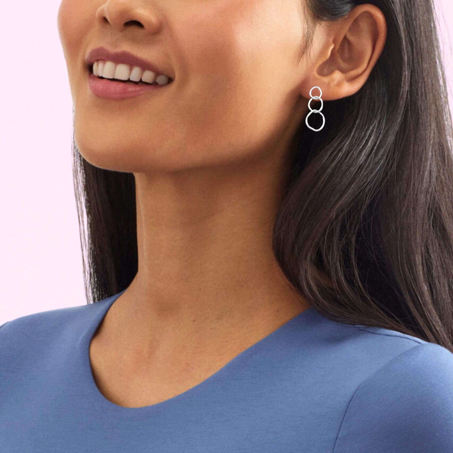 Hammered Three Link Stud Earrings In Sterling Silver