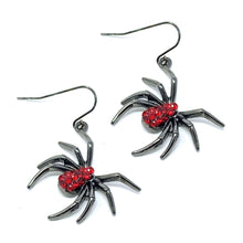 Hematite Spider Halloween Earrings With Red Rhinestones
