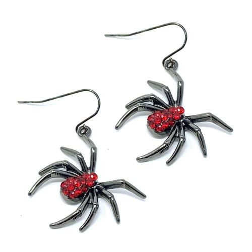 Hematite Spider Halloween Earrings With Red Rhinestones