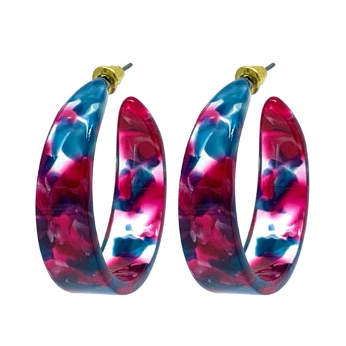 Hot Pink And Blue Hoop Resin Earrings - Fashion Jewelry