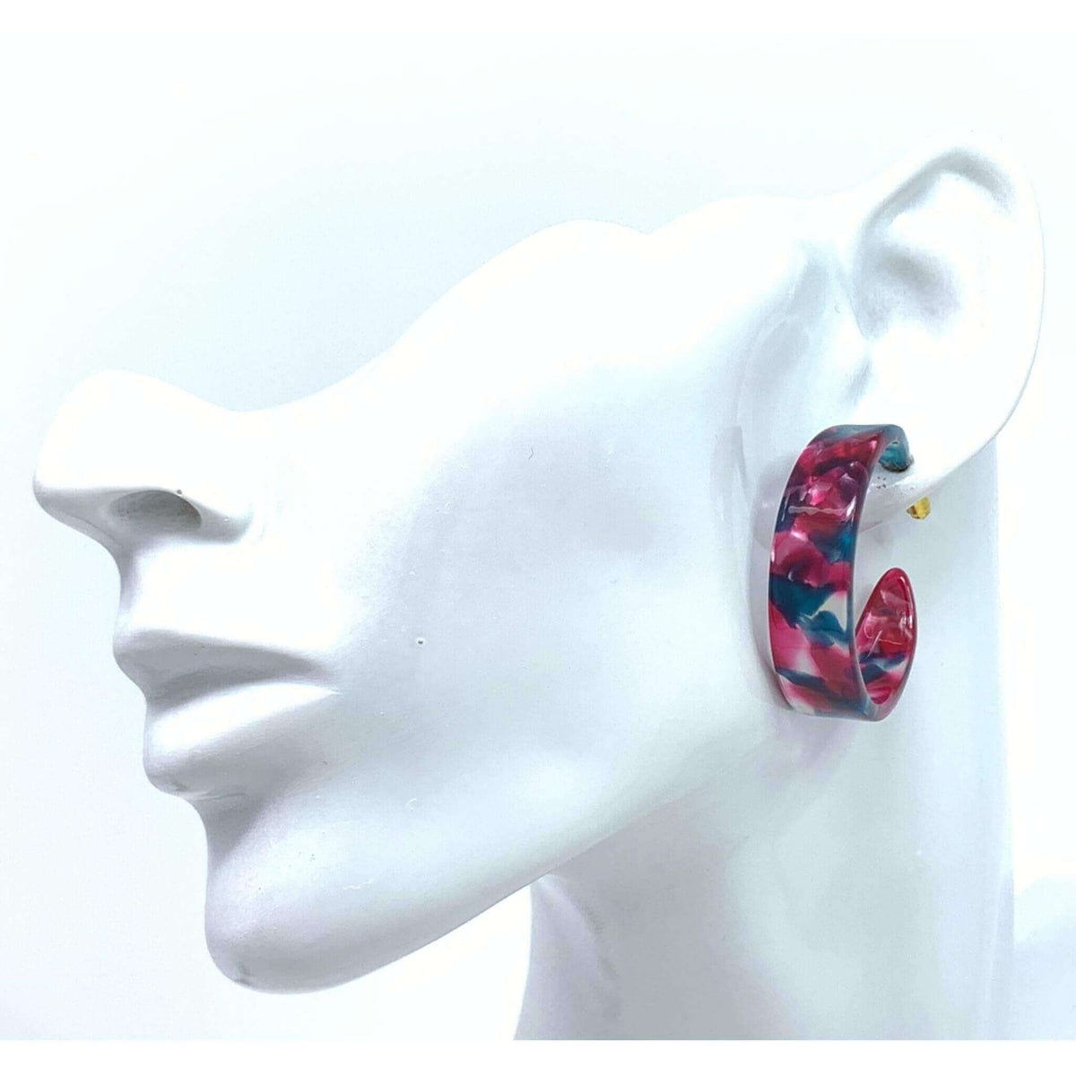 Hot Pink And Blue Resin Hoop Earrings - Costume Jewelry