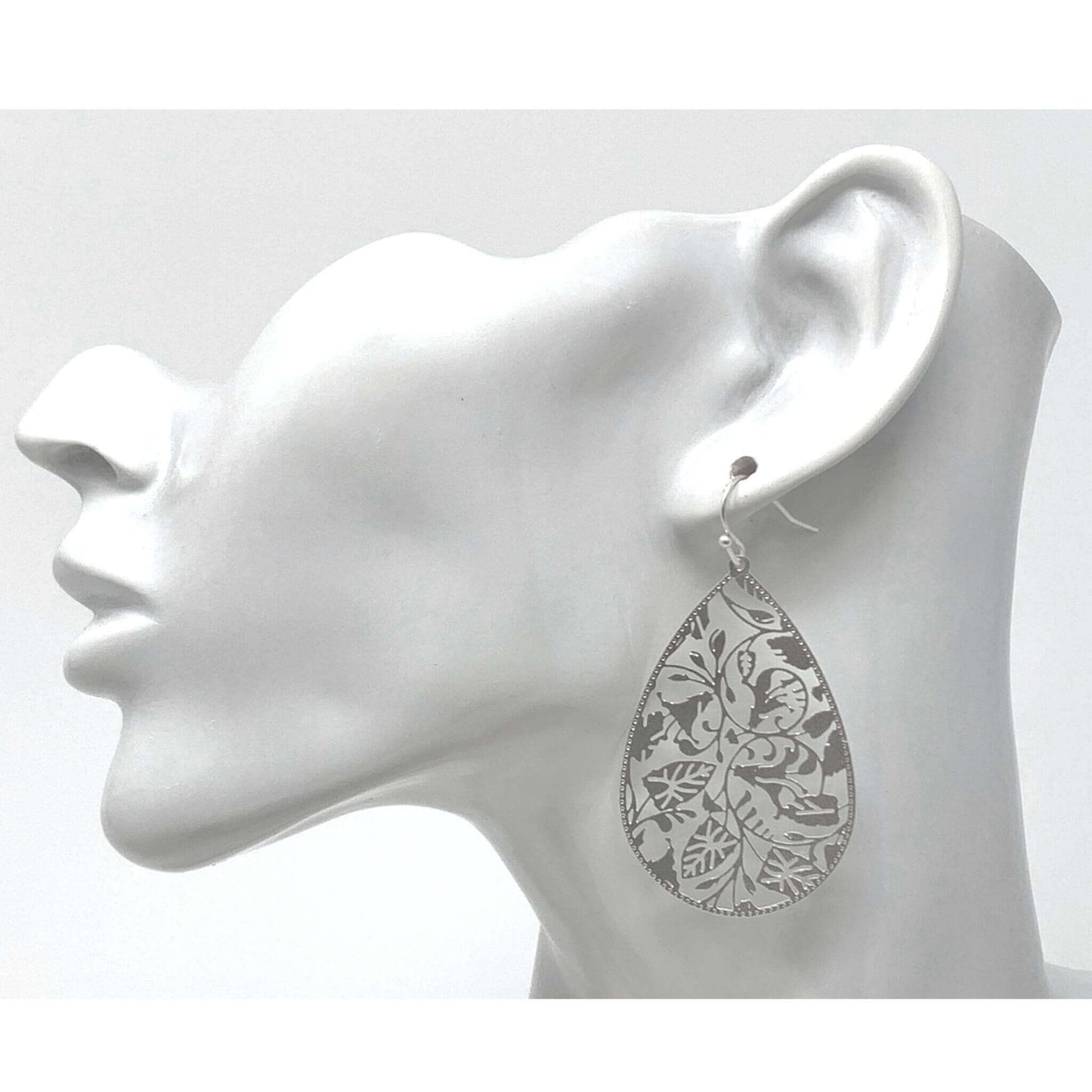Matte Silver Floral Leaf Teardrop Earrings