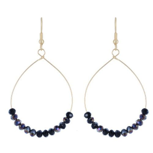 Metallic Blue Beaded Gold Hoop Earrings - Costume Fashion Jewelry