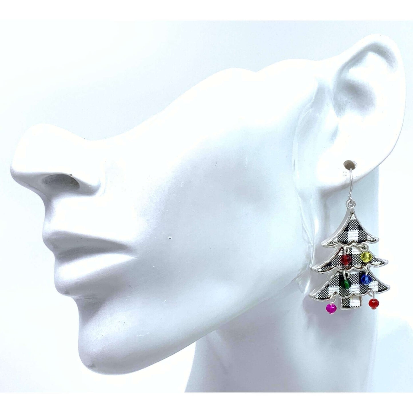 Plaid Green And White Christmas Tree Holiday Earrings - Costume Jewelry