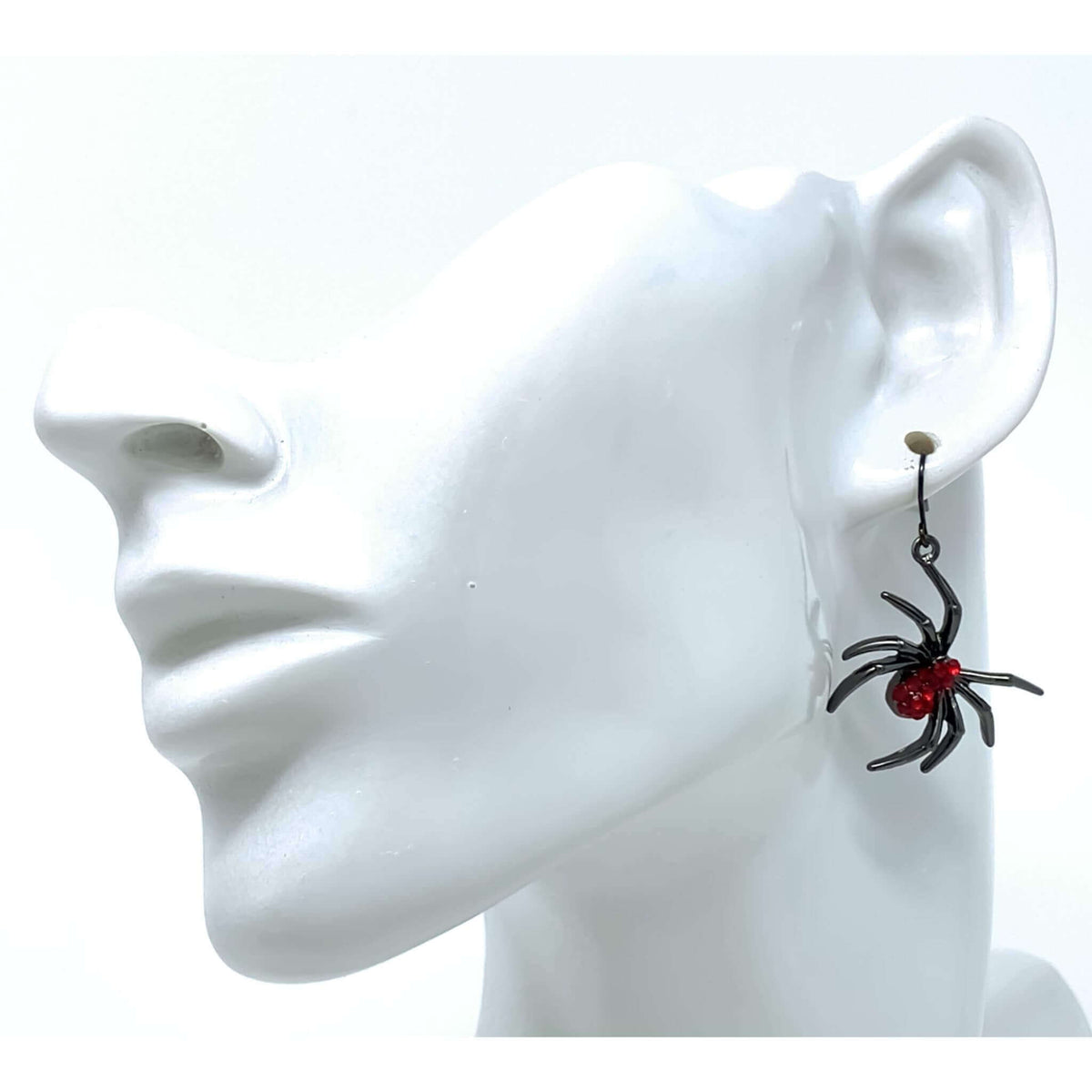 Red Rhinestone Hematite Spider Halloween Earrings