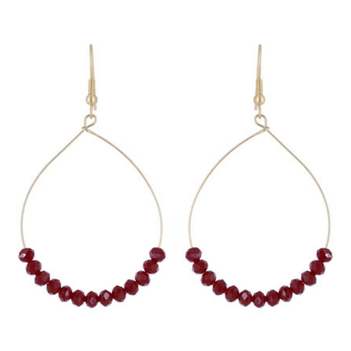 Ruby Red Glass Beaded Gold Hoop Earrings - Costume Fashion Jewelry