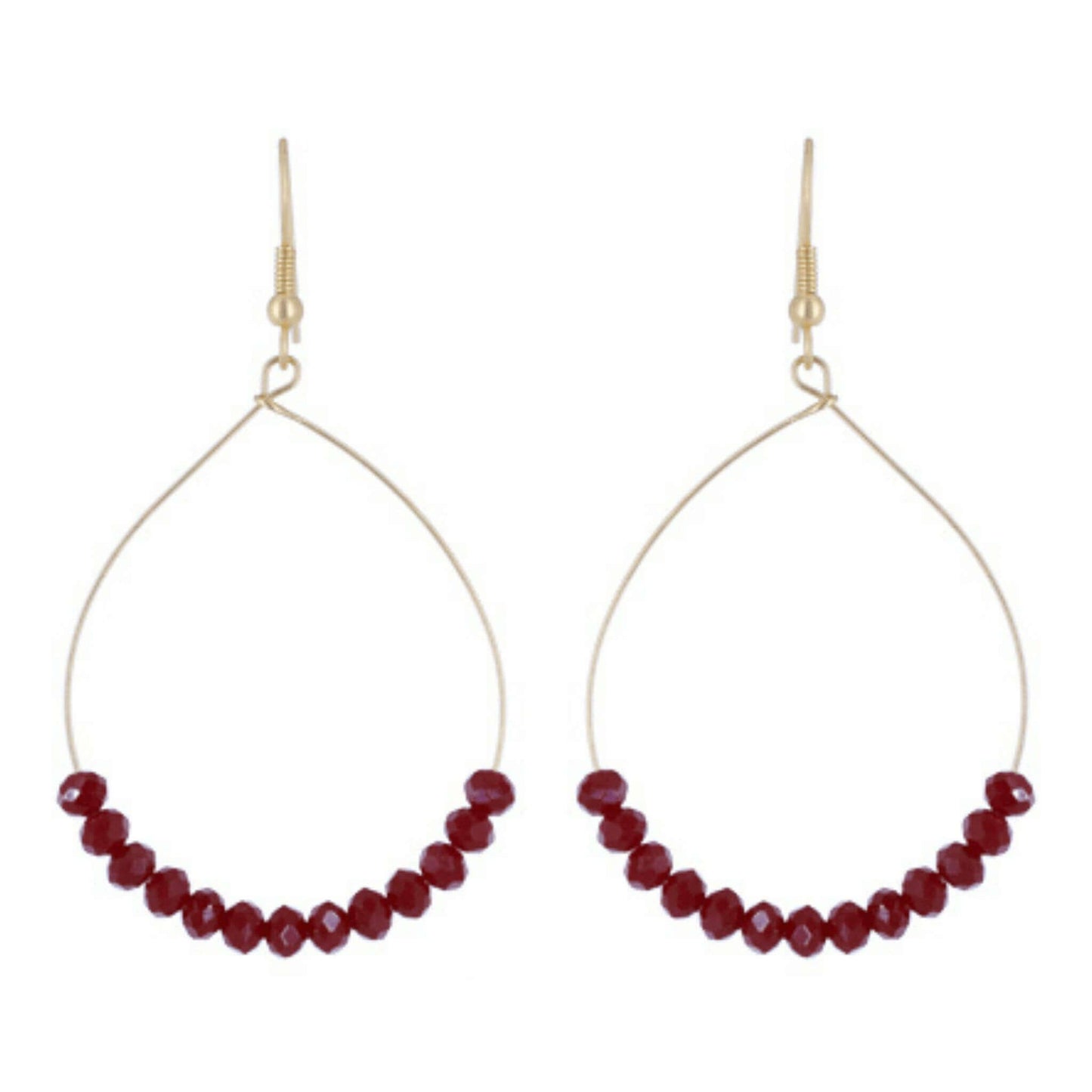 Ruby Red Glass Beaded Gold Hoop Earrings - Costume Fashion Jewelry