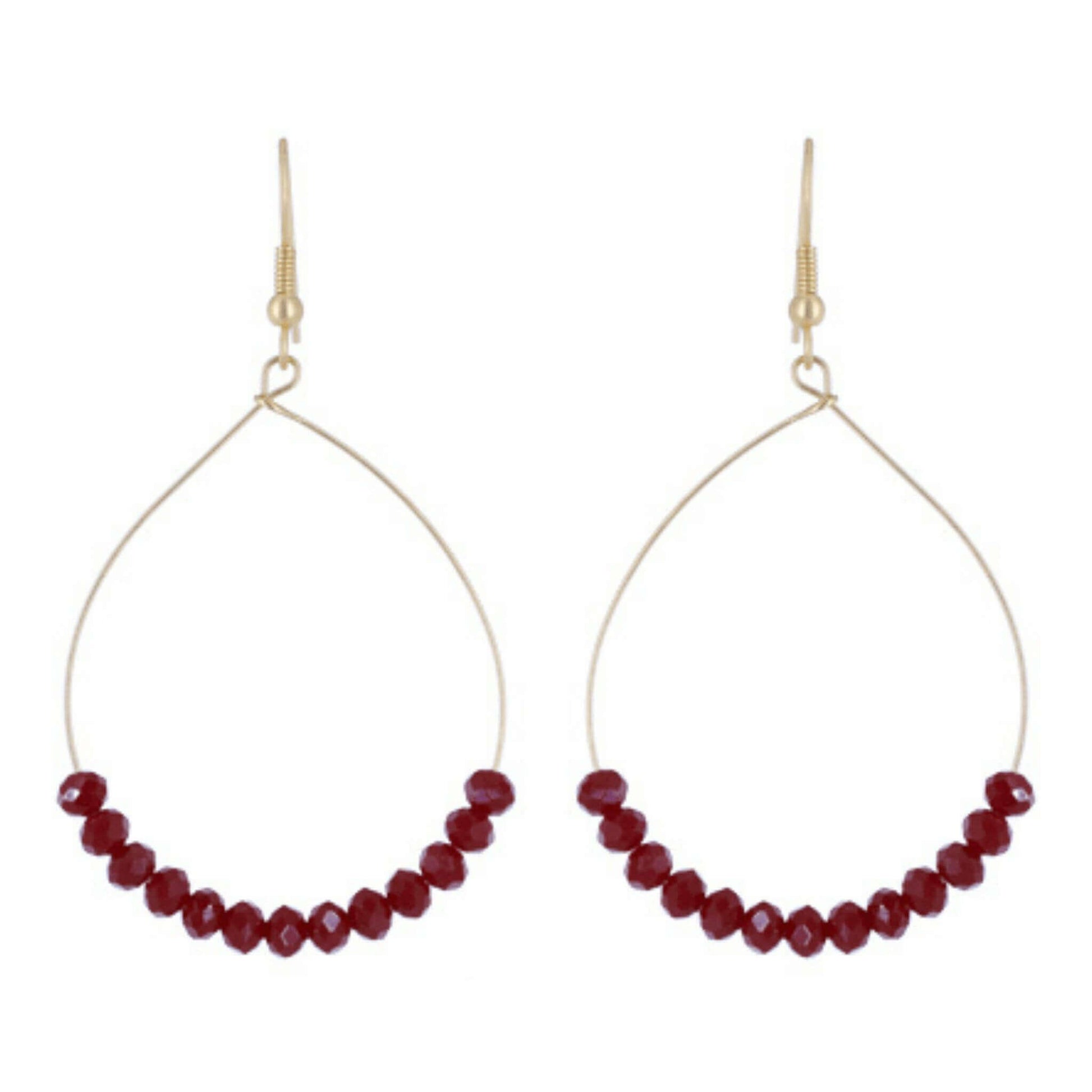 Ruby Red Glass Beaded Gold Hoop Earrings - Costume Fashion Jewelry