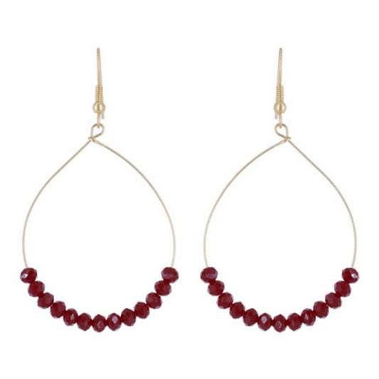 Ruby Red Glass Beaded Gold Hoop Earrings - Costume Fashion Jewelry