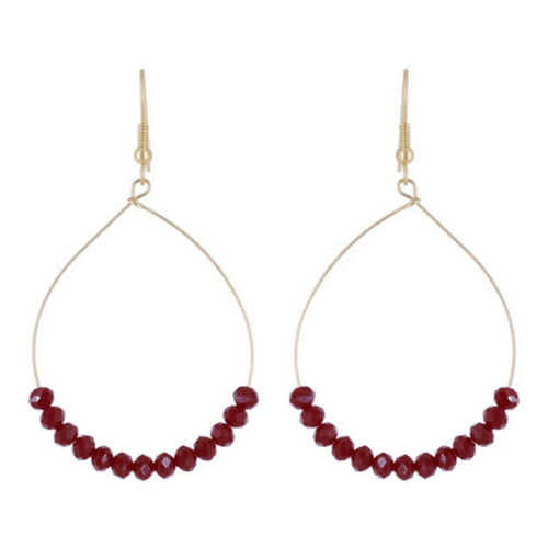 Ruby Red Glass Beaded Gold Hoop Earrings - Costume Fashion Jewelry