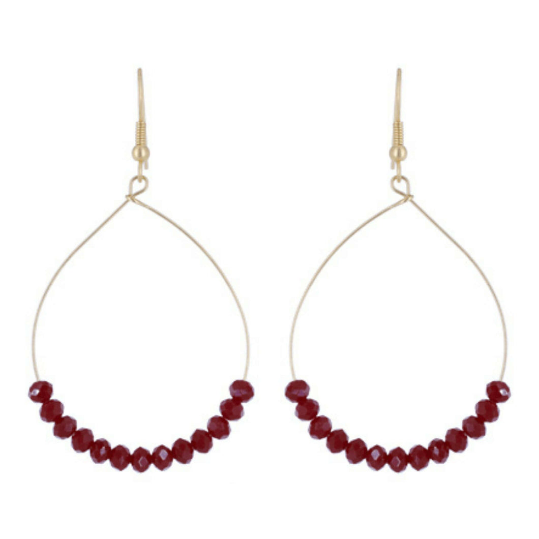 Ruby Red Glass Beaded Gold Hoop Earrings - Costume Fashion Jewelry