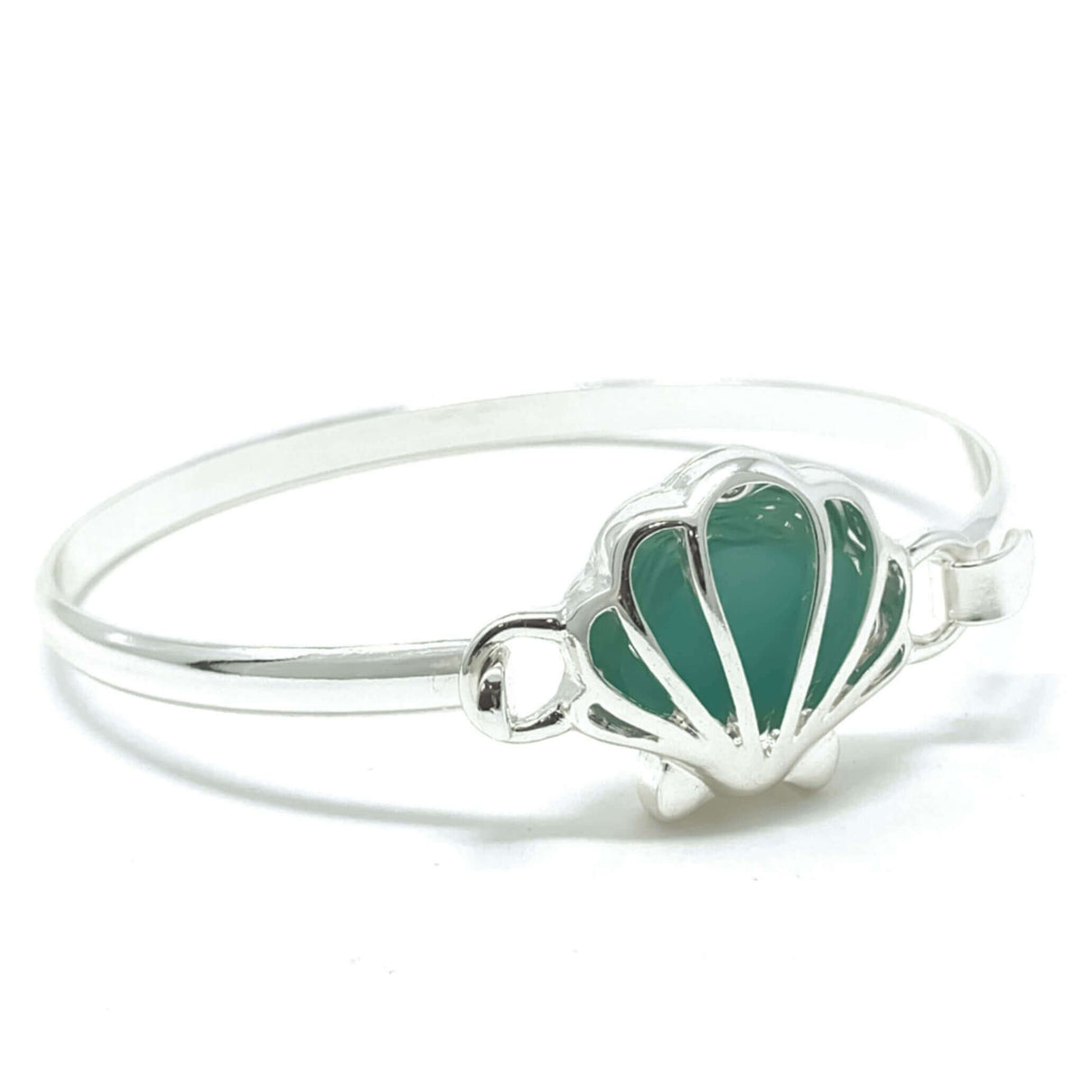 Seashell Sea Glass Silver Bangle Bracelet With Hook Clasp