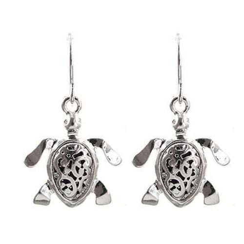 Silver Filigree Dangle Sea Turtle Earrings - Fashion Jewelry
