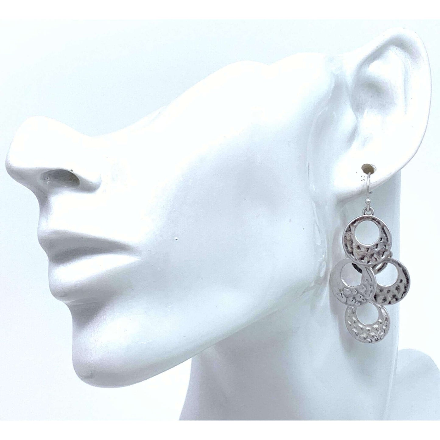 Worn Silver Hammered Open Disc Layered Chandelier Earrings - Costume Jewelry