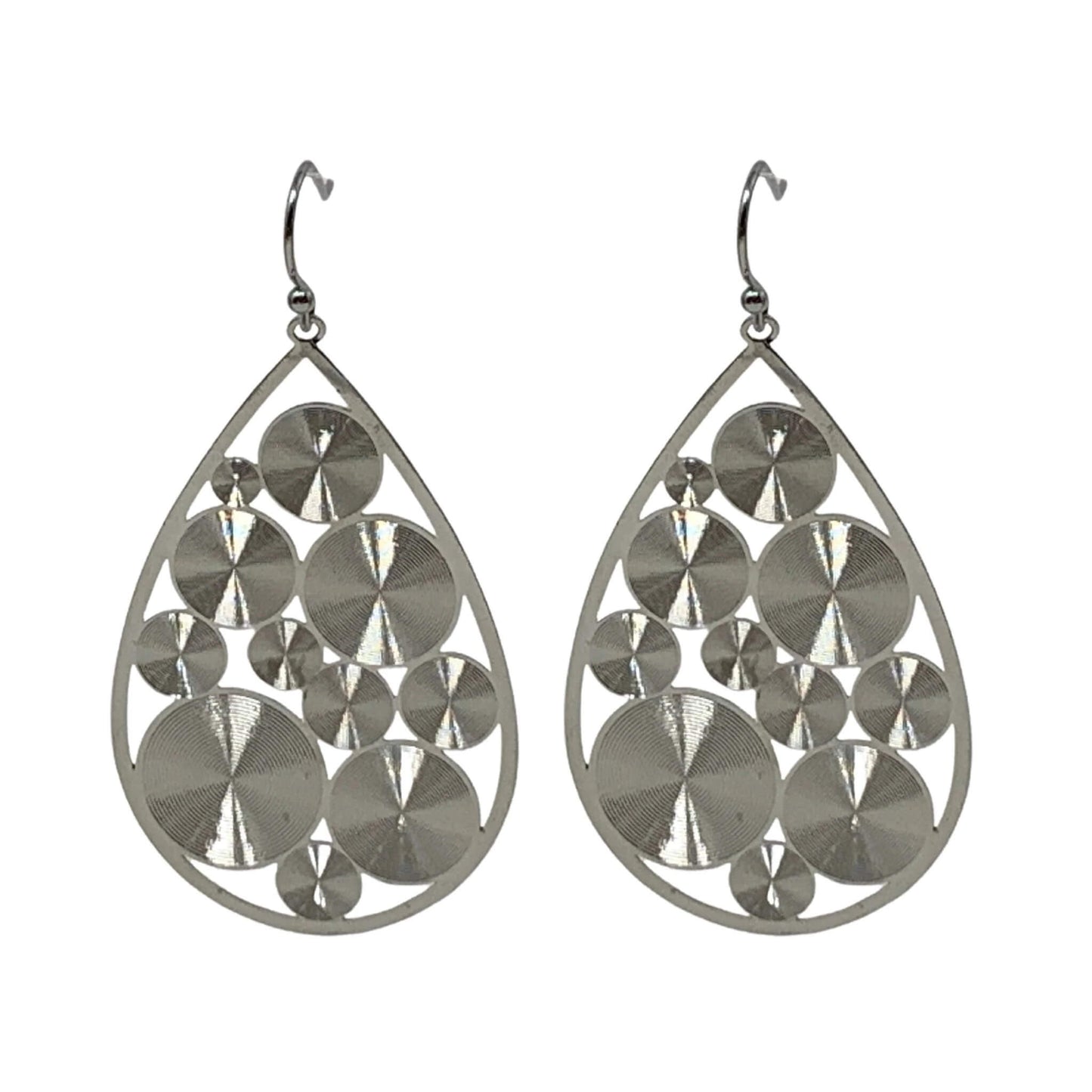Silver dangle teardrop earrings with mini spiral discs