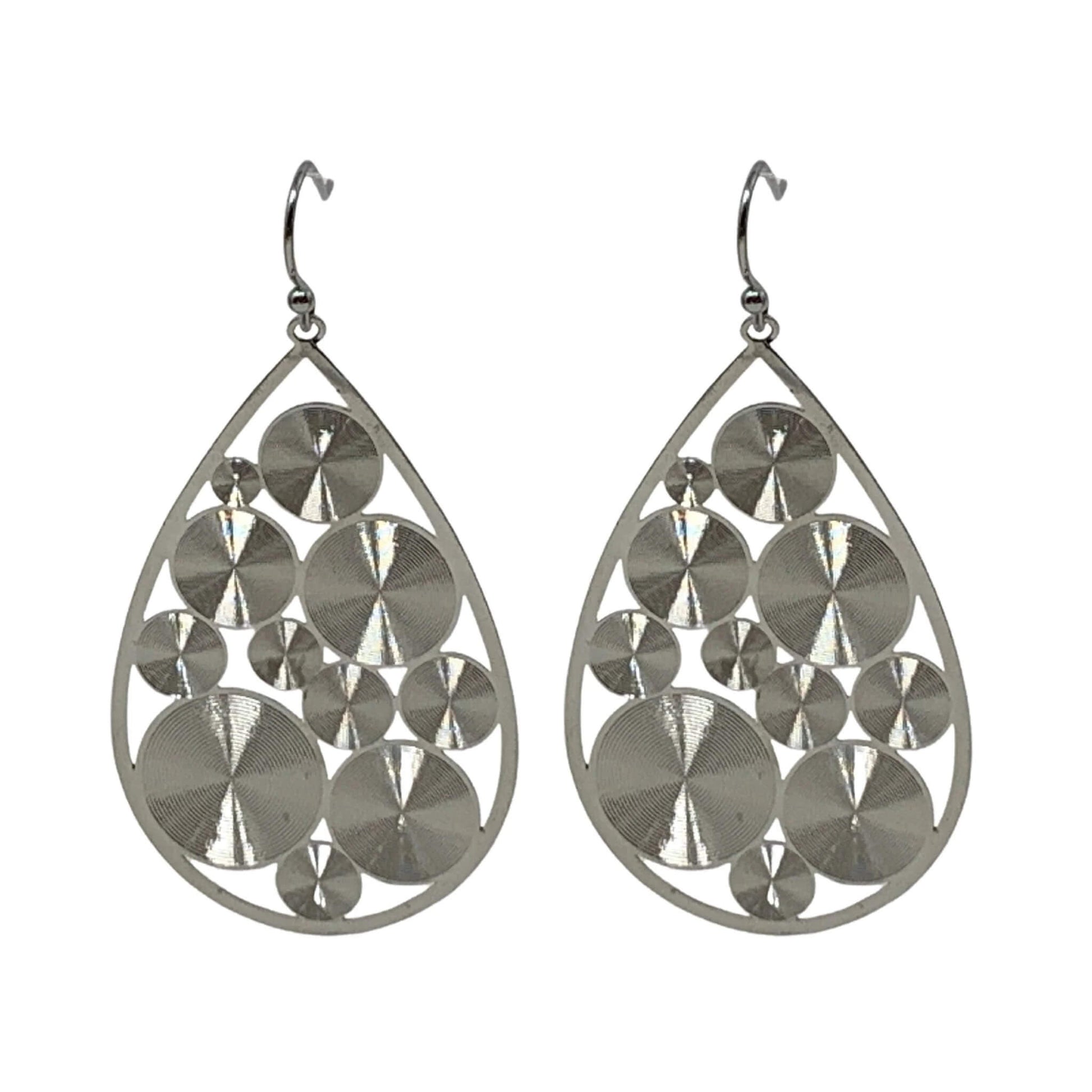 Silver dangle teardrop earrings with mini spiral discs
