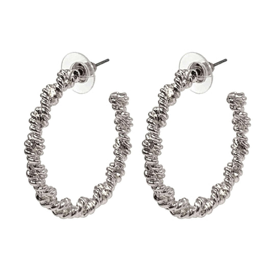 Simple silver twisted rope hoop earrings for women.