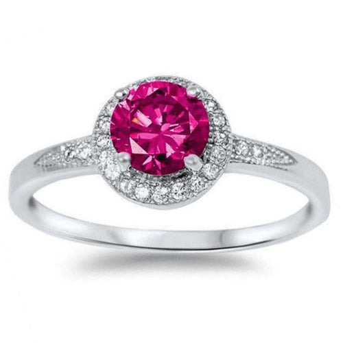 Solitaire Halo Cubic Zirconia Red Ruby Ring In Sterling Silver