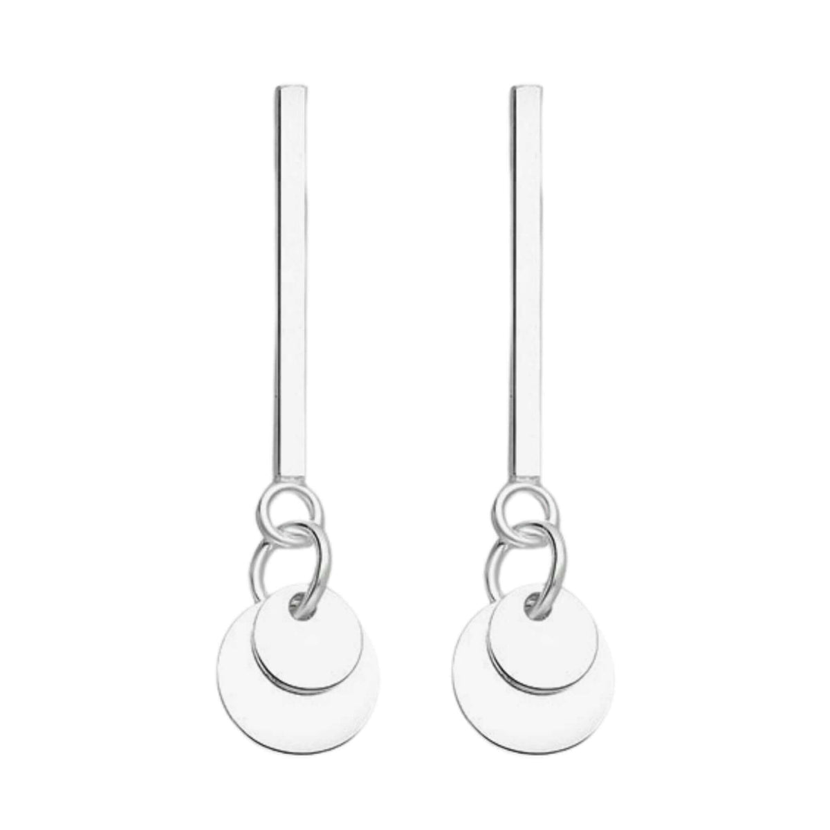 925 sterling silver bar stud earrings with double circle disc drop on white background, polished vertical bar with graduated disc pendant, pair.