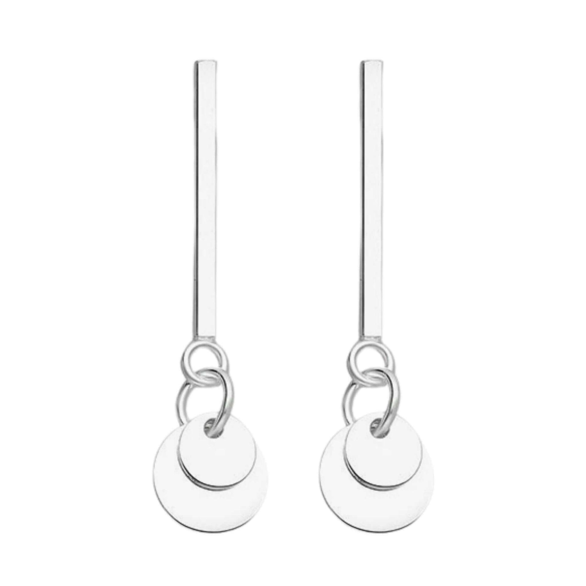 Sterling Silver Bar Stud Earrings With Circle Disc