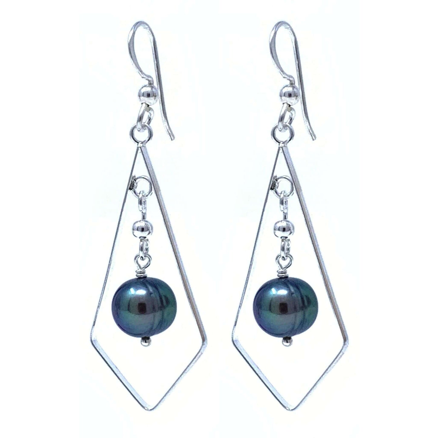 Sterling Silver Diamond Shape Cultured Black Freshwater Pearl Earrings