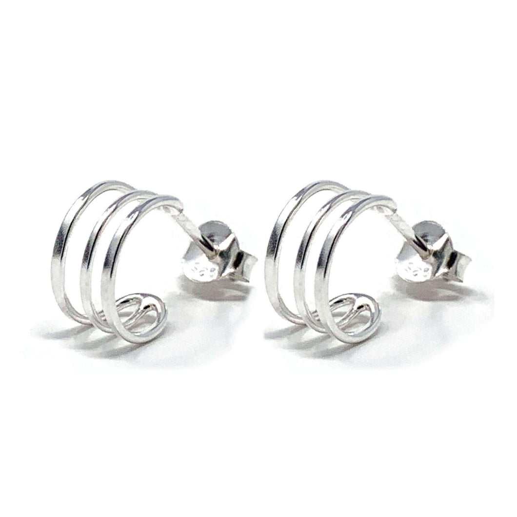 Small Triple Band Sterling Silver Hoop Earrings - Stud - 9mm - Women's