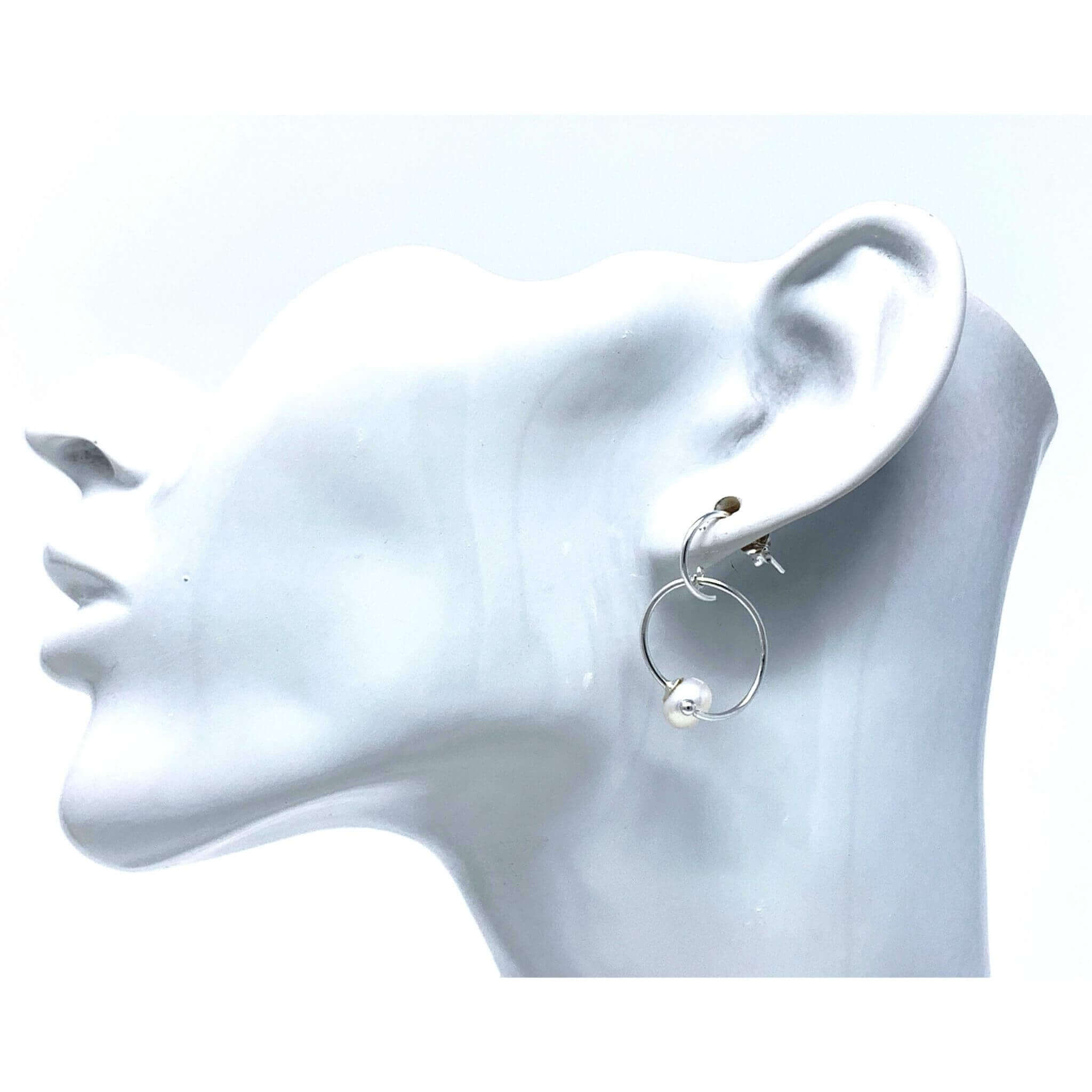 Sterling Silver Ball Freshwater Pearl Hoop Earrings - Drop
