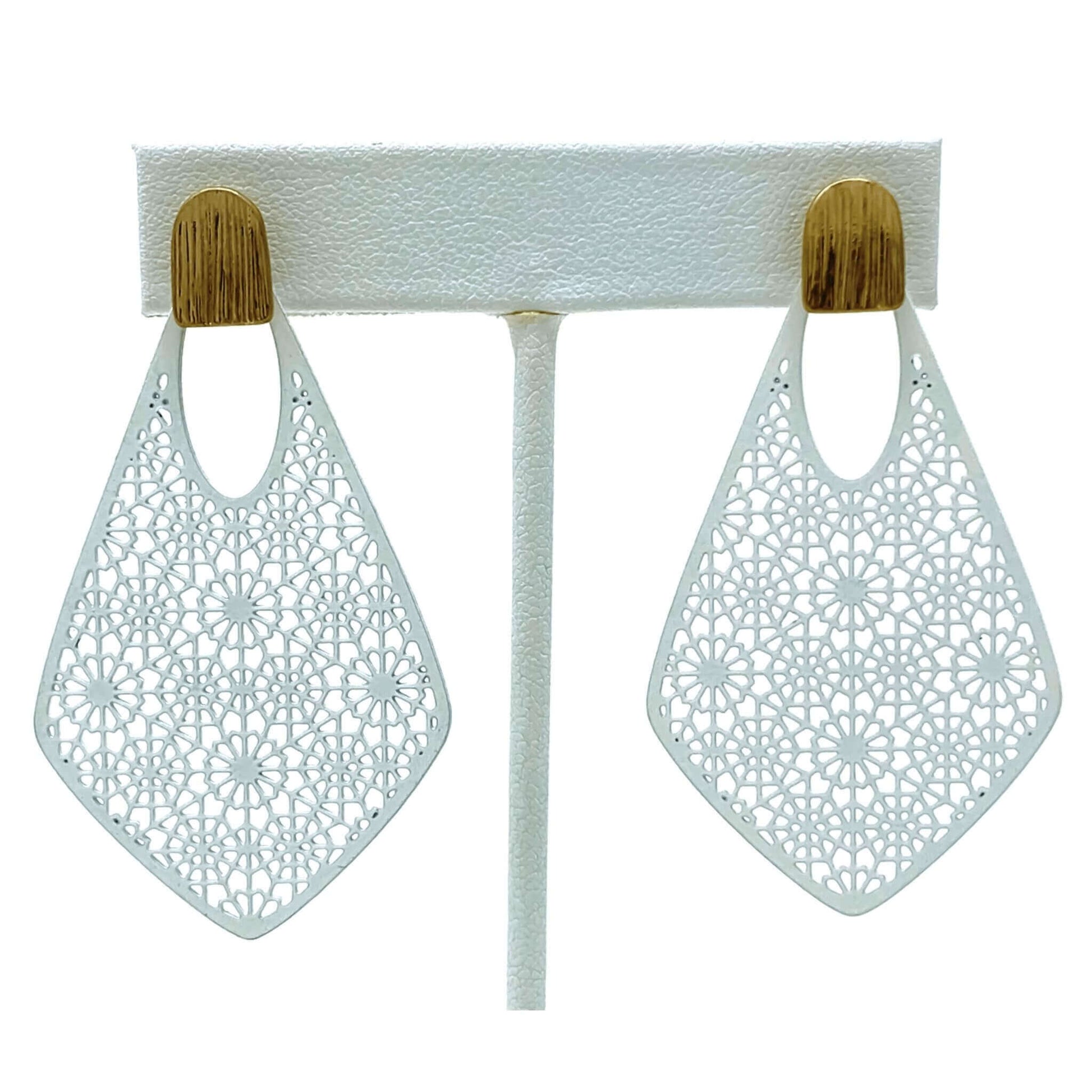 White Filigree Stud Drop Earrings - Costume Fashion Jewelry
