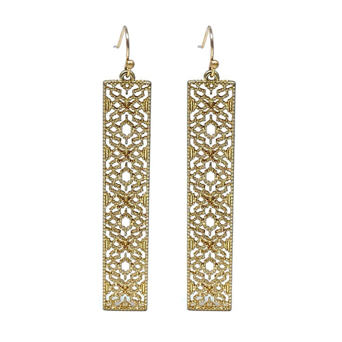 Worn Gold Filigree Bar Earrings - Fashion Jewelry