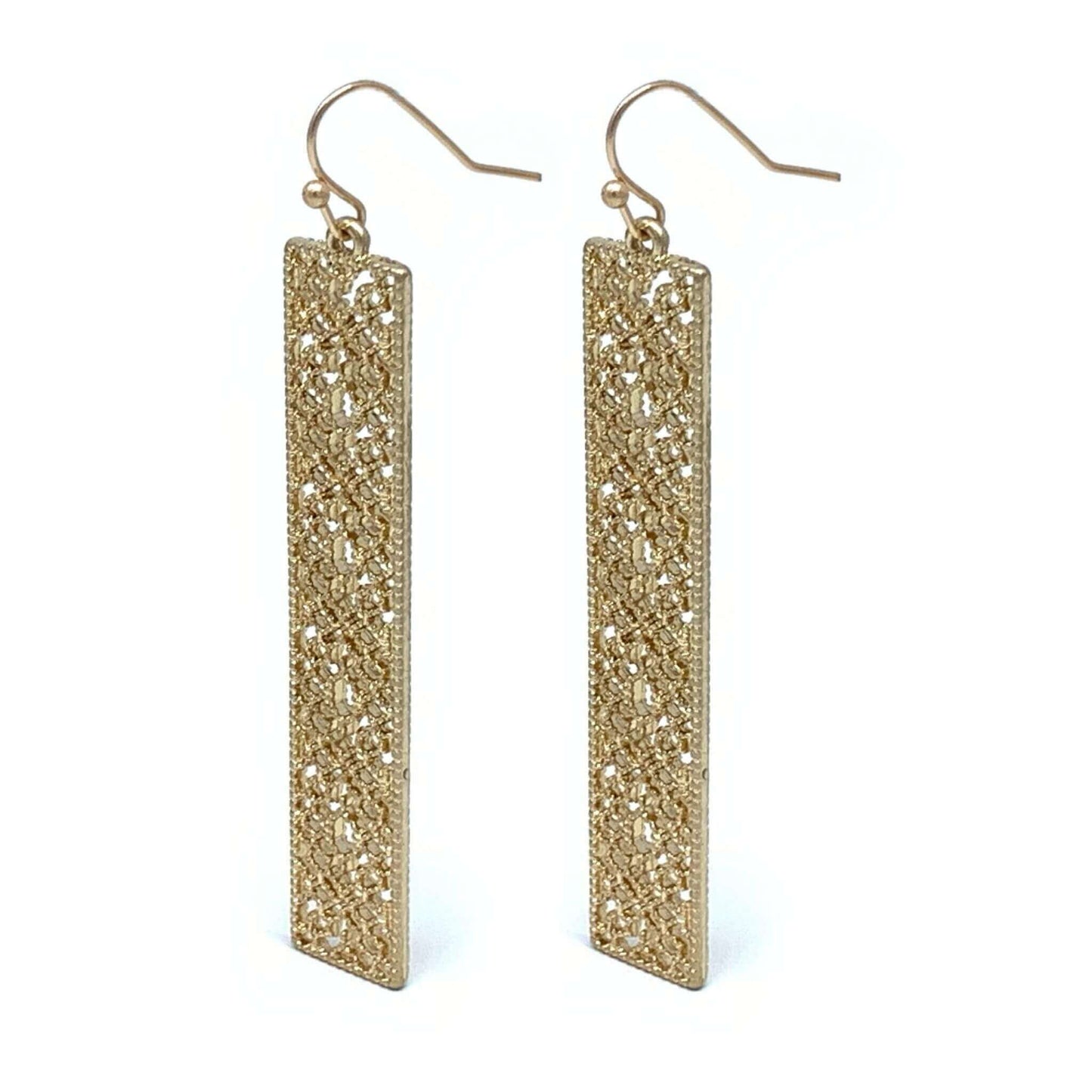 Worn Gold Filigree Rectangle Earrings - Costume Jewelry