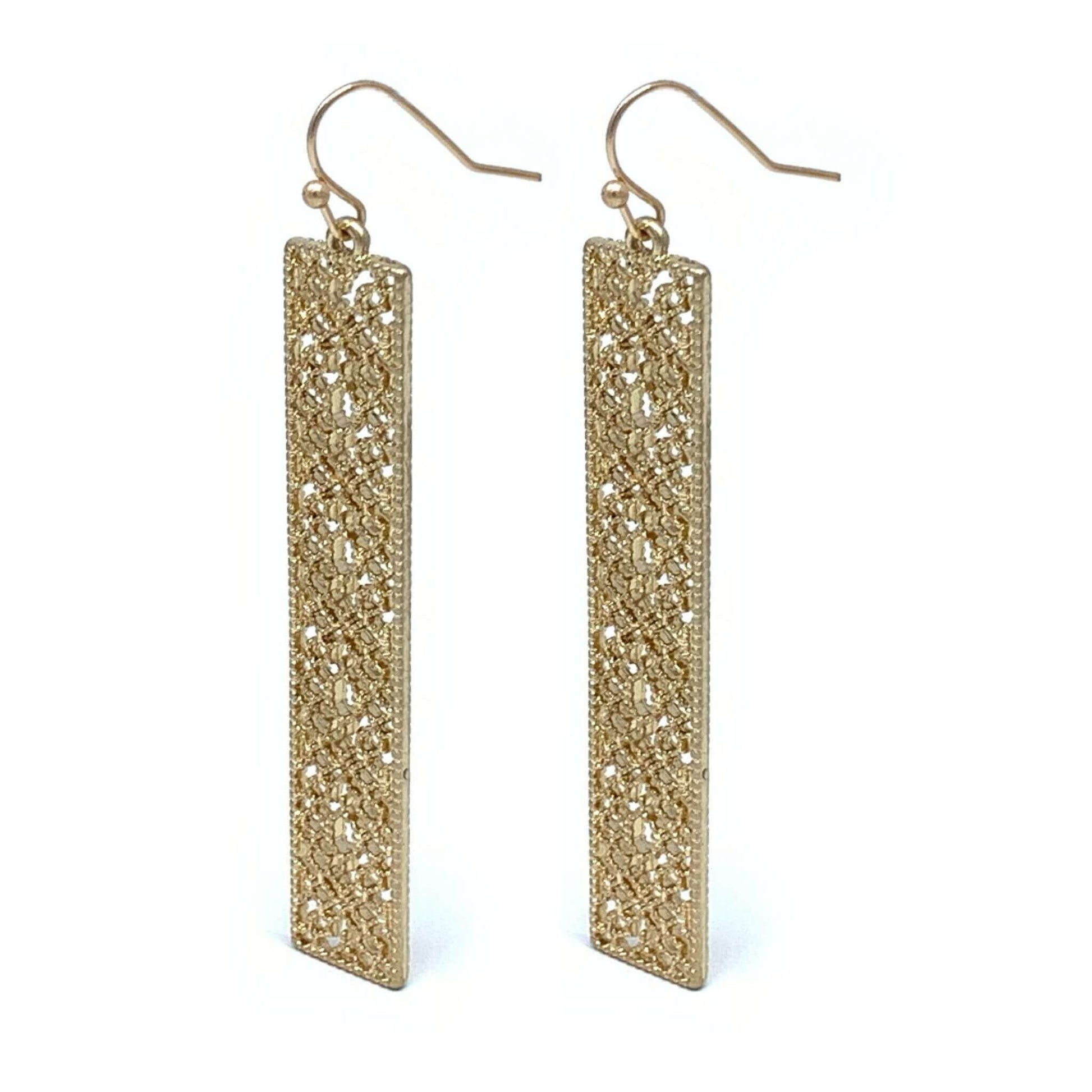 Worn Gold Filigree Rectangle Earrings - Costume Jewelry