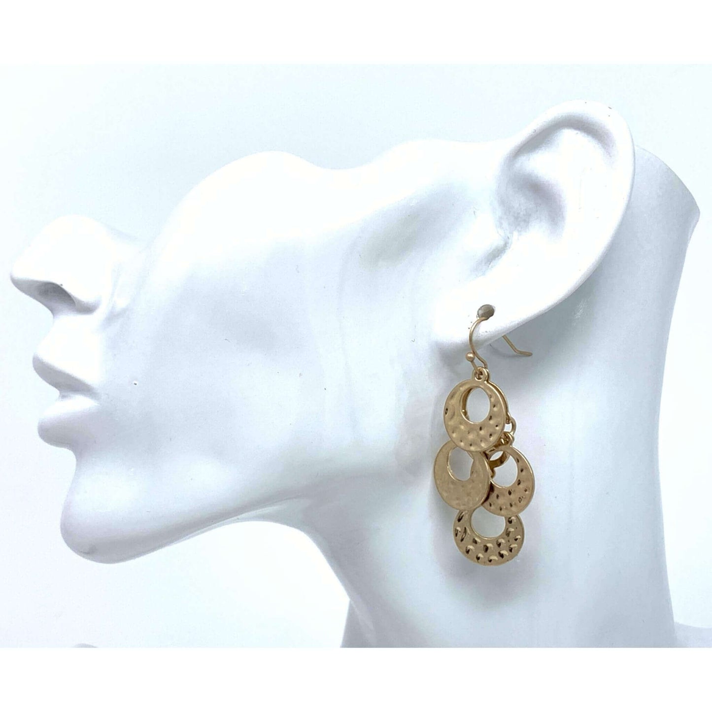 Worn Gold Hammered Open Circle Chandelier Earrings - Costume Jewelry