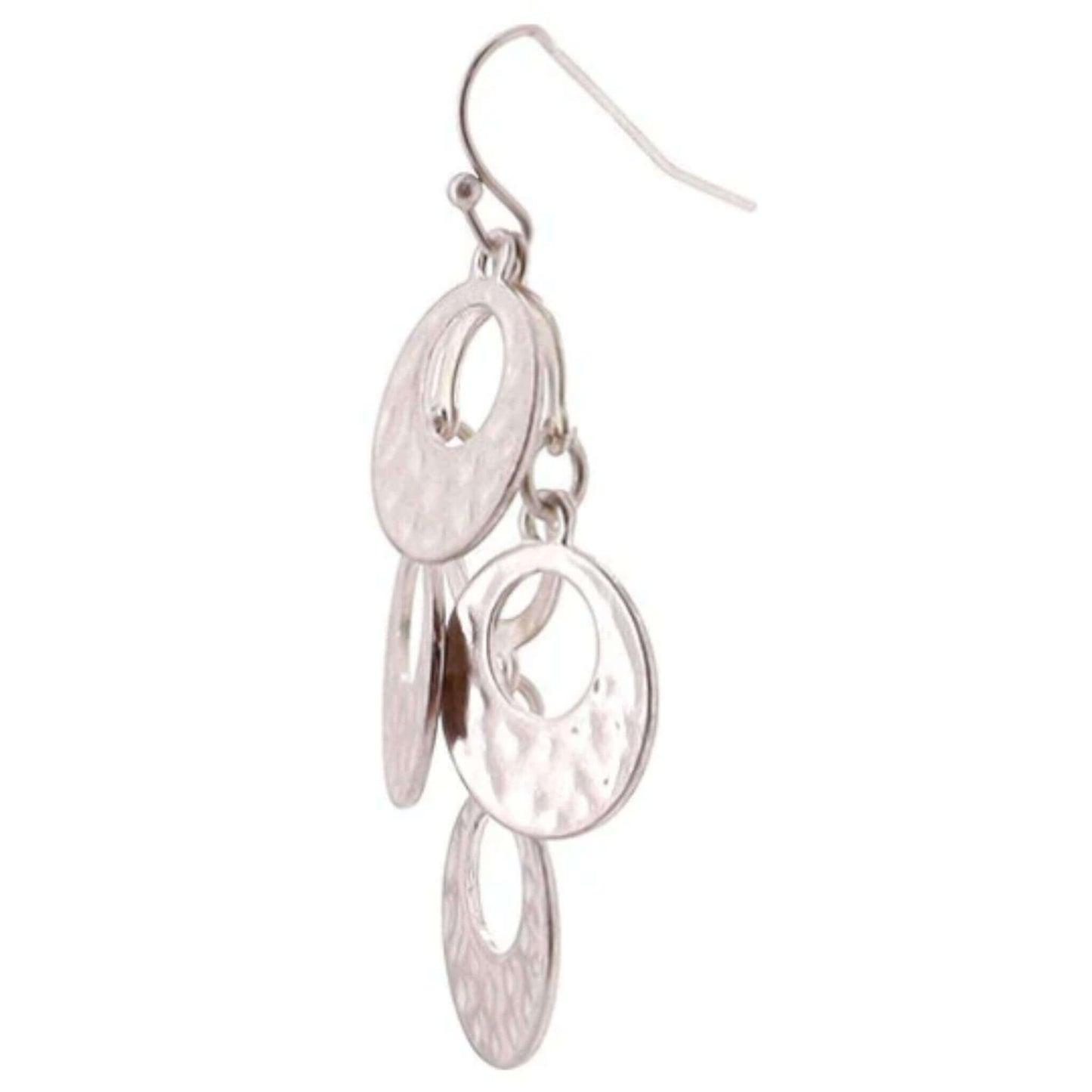 Worn Silver Hammered Disc Chandelier Earrings - Fashion Jewelry