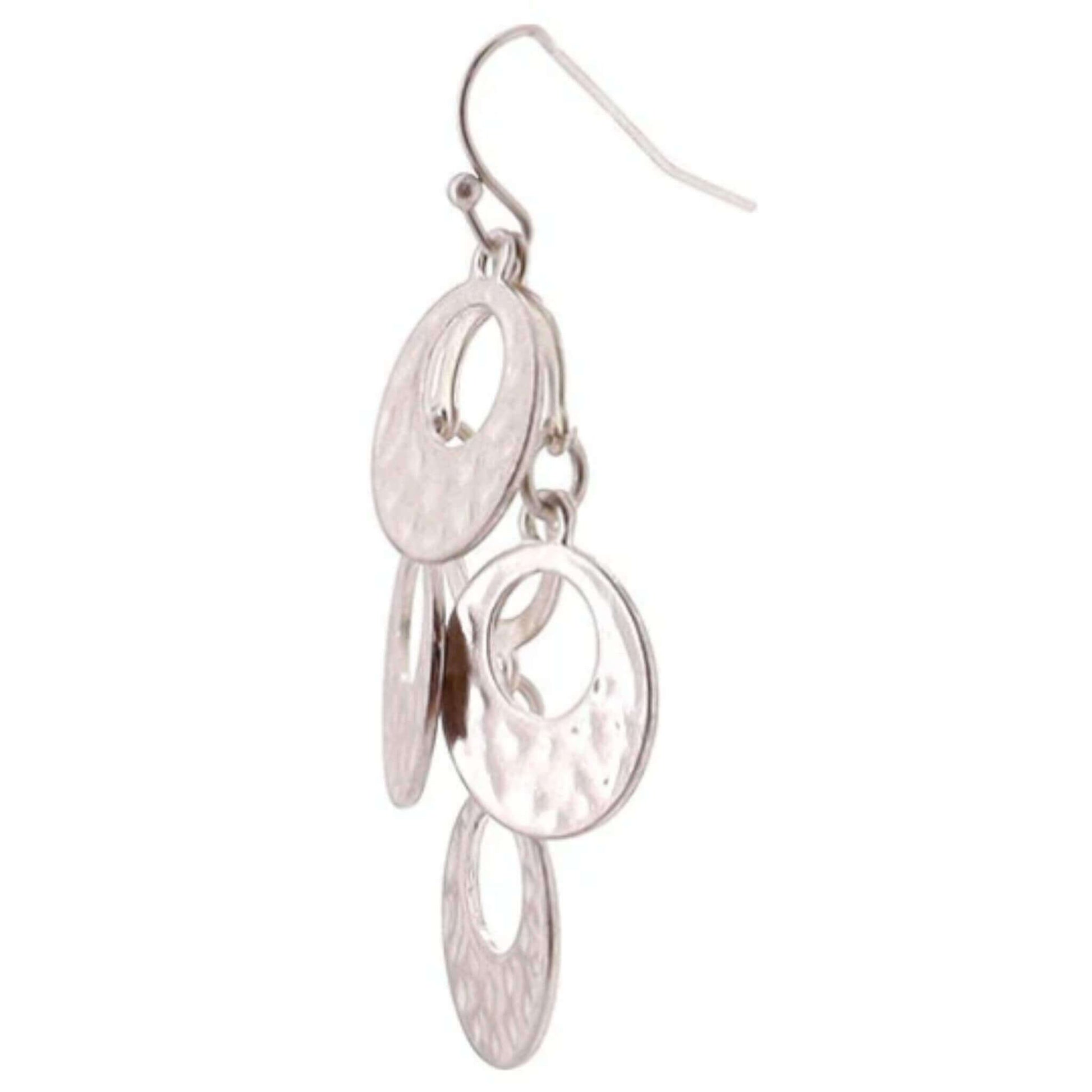 Worn Silver Hammered Disc Chandelier Earrings - Fashion Jewelry