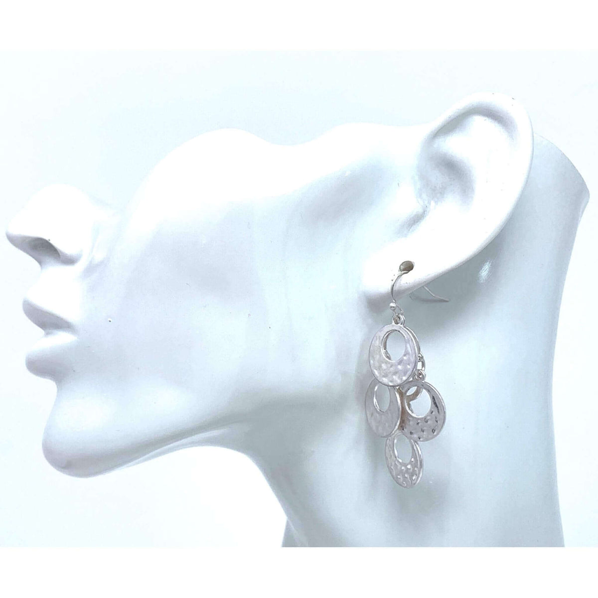 Worn Silver Hammered Open Circle Chandelier Earrings - Costume Jewelry